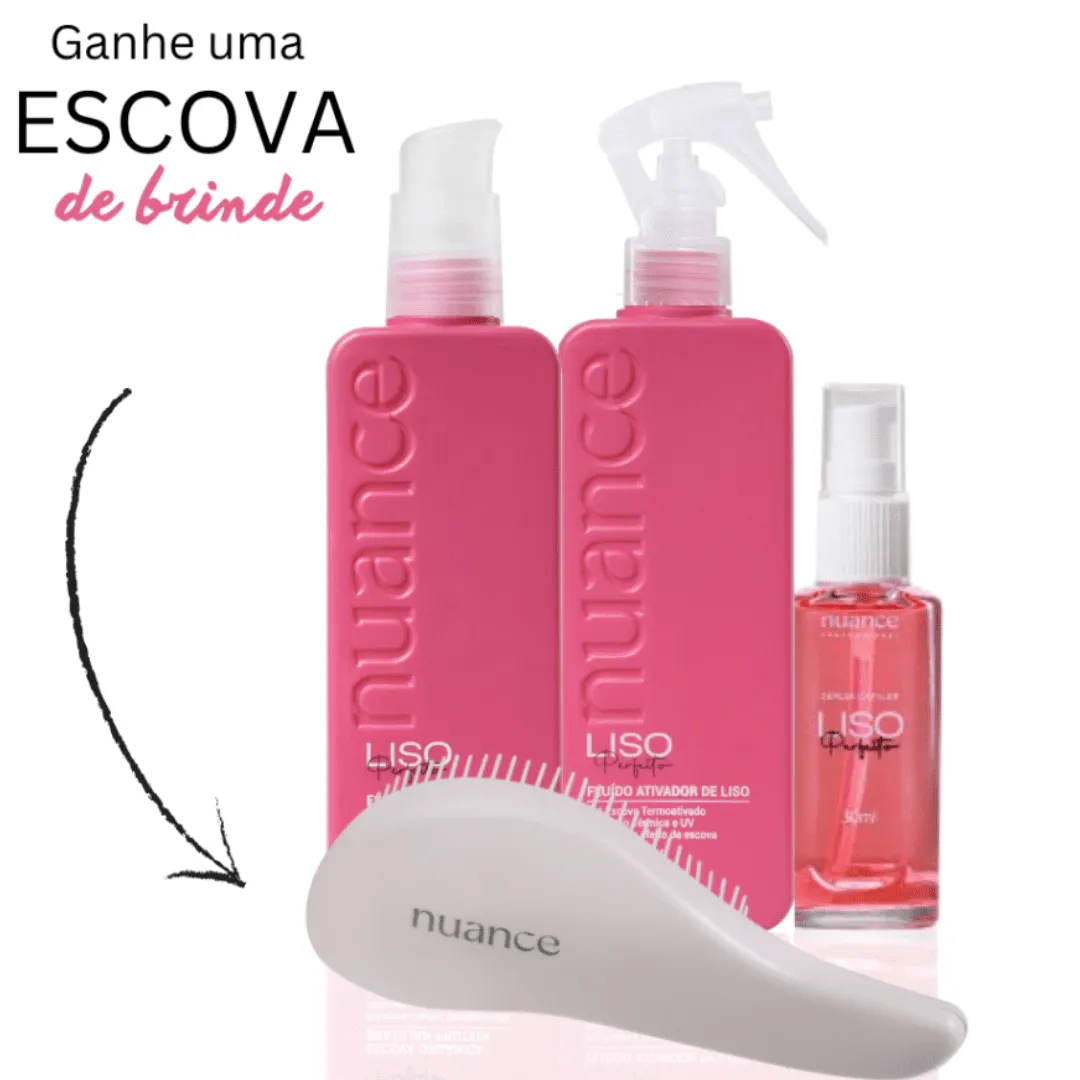 Kit Nuance Liso Perfeito: Progressiva 200g, Pré-Escova 200ml, Sérum 30ml + Brinde