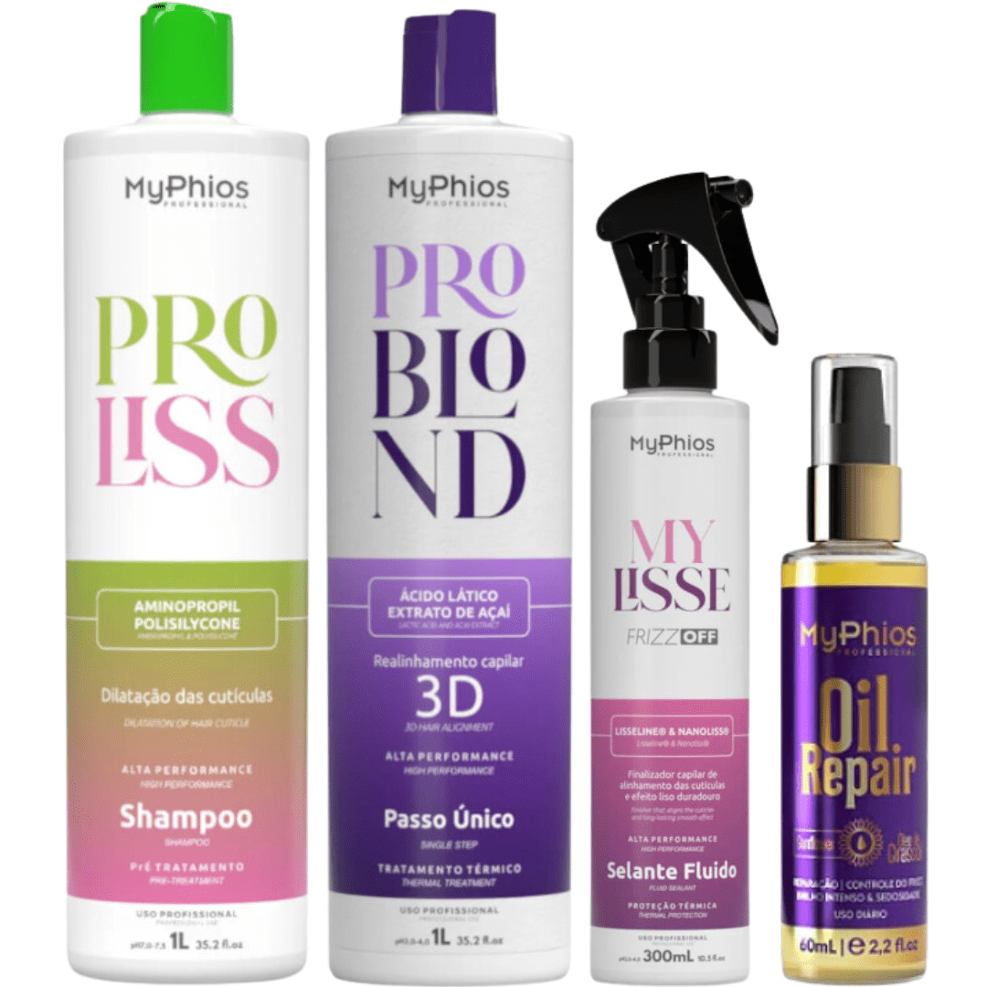 Myphios Combo Progressiva Problond 3D 1l + Shampoo Proliss 1l  + Selante Mylisse 1l + Oil Repair 60ml