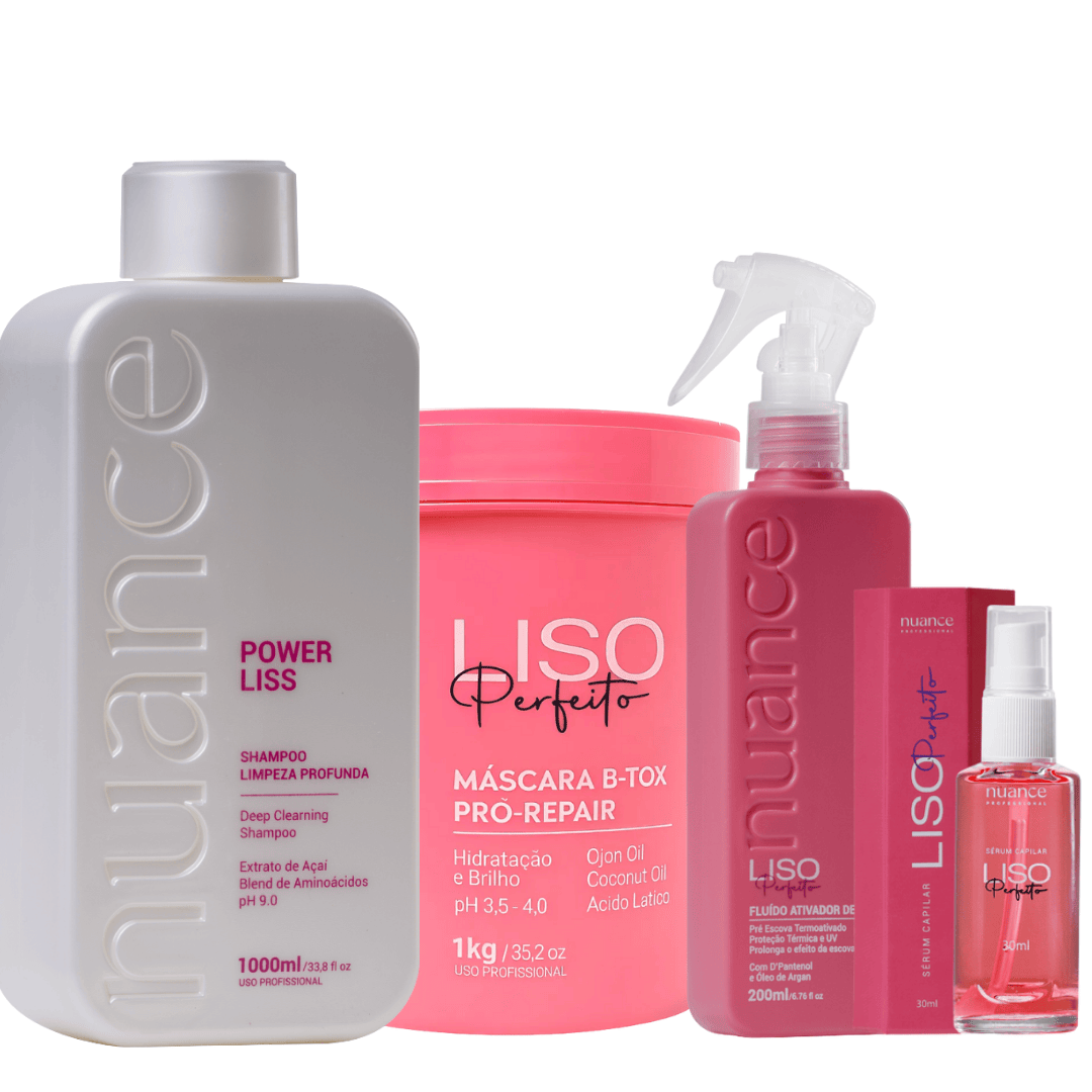 Nuance Combo Botox Liso Perfeito 1kg + Shampoo Power Liss 1L + Pré-Escova Liso Perfeito 200ml + Sérum Liso Perfeito 60ml