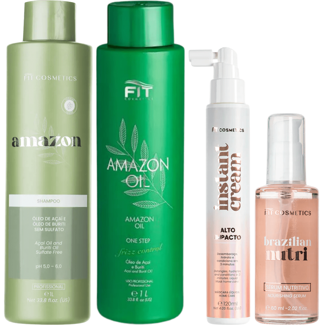 Fit Cosmétics Progressiva Amazon Oil 1l + Shampoo Amazon 1l + Máscara Líquida 120ml + Sérum Brazilian Nutri 60ml