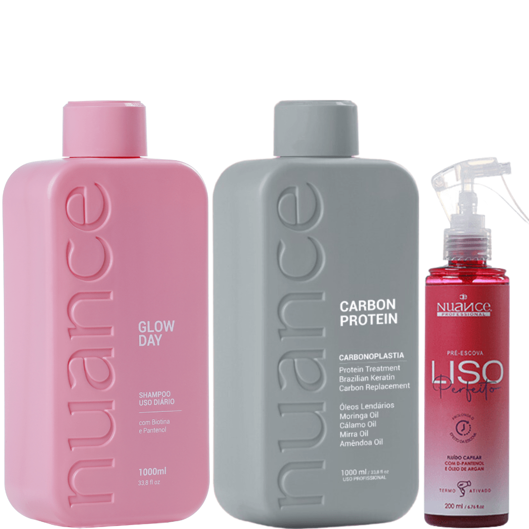 Progressiva Carbon Protein + Shampoo Glow Day 1L + Liso perfeito Pré-Escova 200ml Nuance