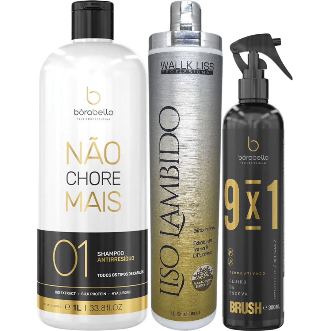 Wallk Liss Marroquina Liso Lambido 1L + Borabella Shampoo Antirresíduo + Protetor térmico Brush 9x1 300ml