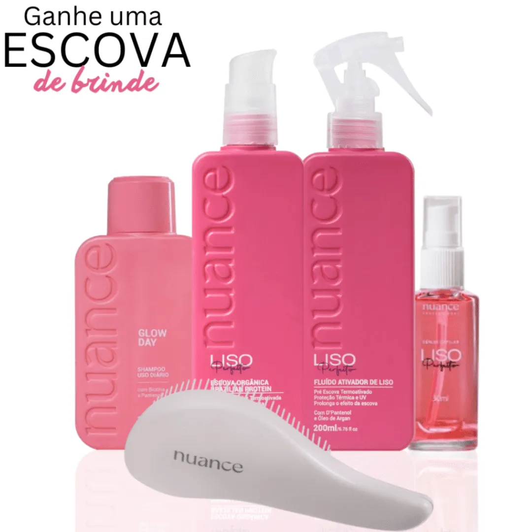 Kit Nuance Liso Perfeito: Progressiva 200g, Pré Escova 200ml, Sérum 30ml, Shampoo 100ml + Brinde