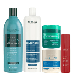 Kit Progressiva Select One 1L Prohall + Shampoo Degan Detox 1L + Máscara Select Care 500g + Máscara Proboo Fiber 500g + Absolut One Prohall