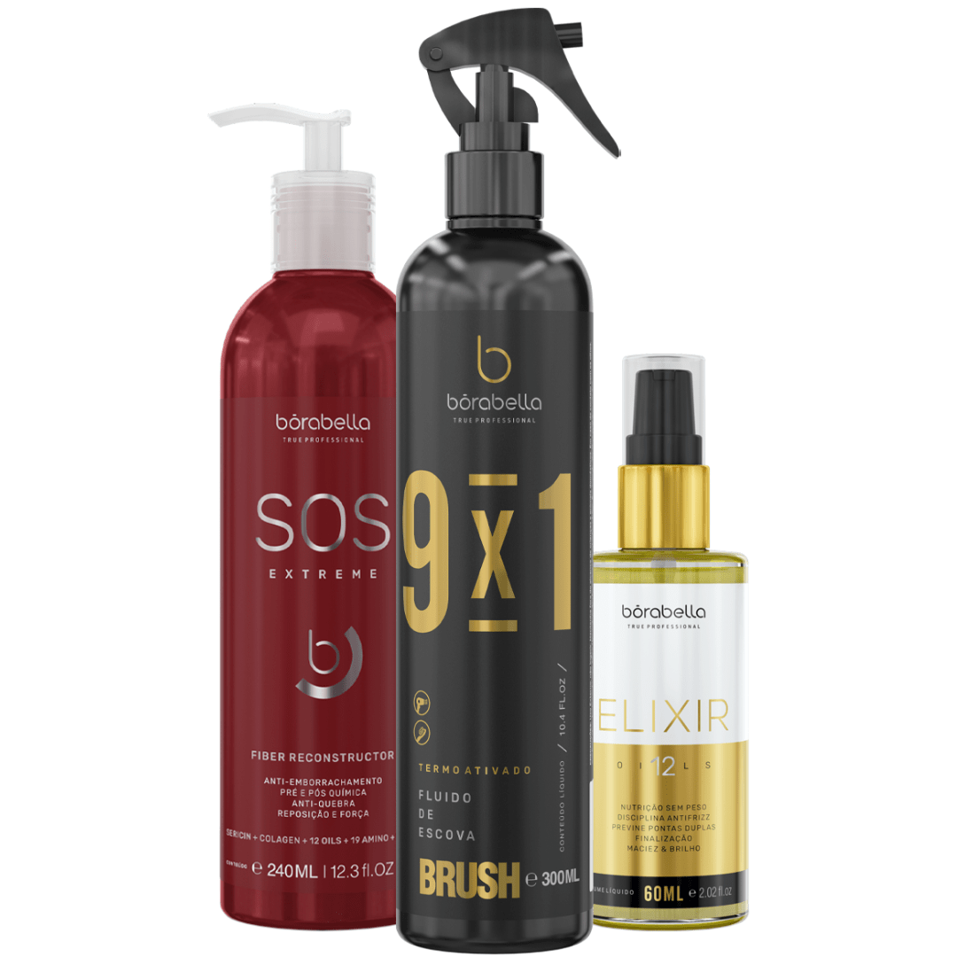 Borabella SOS Extreme + Fluído Brush 9x1  300ml + Elixir 12 Óleos 60ml