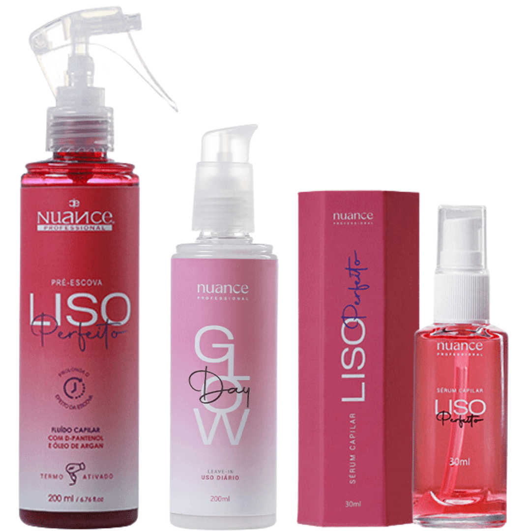 Combo Glow Day Uso Diário + Spray Liso Perfeito - Pré Escova + Sérum Liso Perfeito Nuance