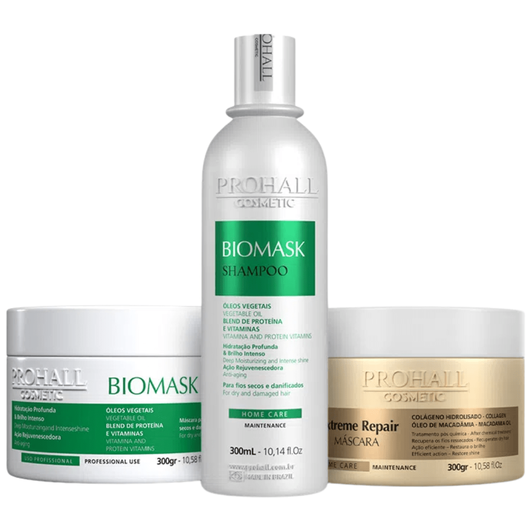 Prohall Kit Cronograma Capilar Shampoo Biomask 300ml + Máscara Biomask 300g + Máscara Extreme Repair 300g